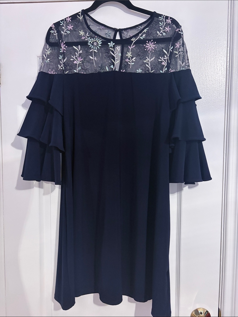 Gabby Skye Women's Navy Embroidered Yoke Ruffle Sleeve Dress